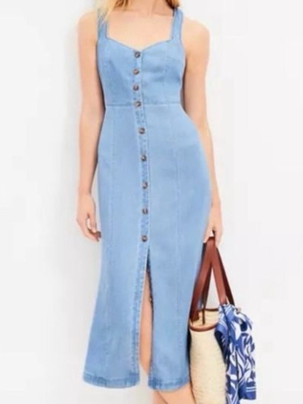 Loft Chambray Crossover Back, Button-Front Midi Dress Mezzo Blue, US Size 6 NWT